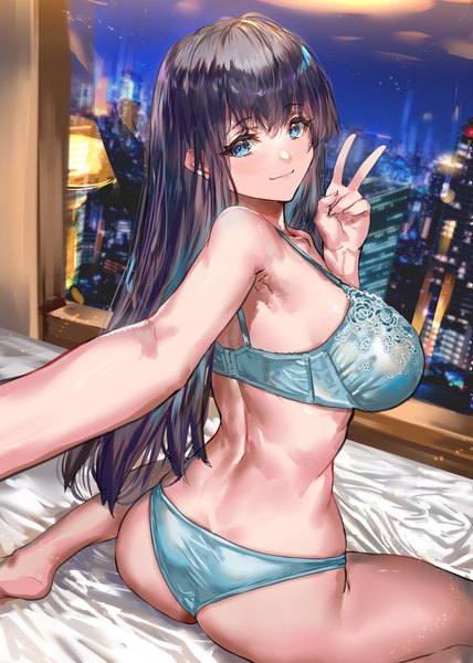 Anime picture 2139x3000 with original ranou single long hair tall image blush fringe highres breasts blue eyes light erotic black hair smile large breasts sitting ass indoors looking back from behind night