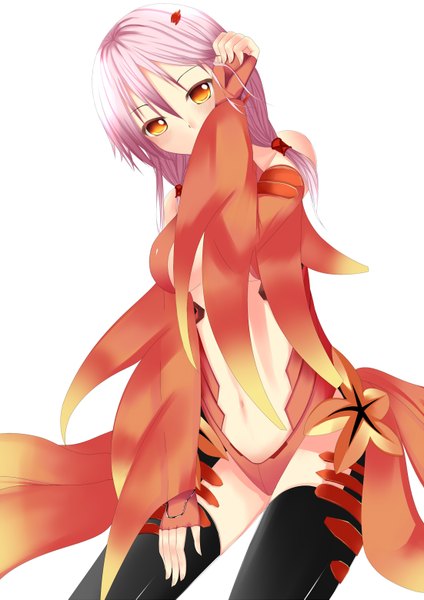 Anime picture 1102x1559 with guilty crown production i.g yuzuriha inori animegame single long hair tall image looking at viewer blush light erotic simple background red eyes white background sitting bare shoulders pink hair center opening girl thighhighs navel