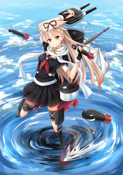 Anime picture 826x1169 with kantai collection yuudachi destroyer villyane single long hair tall image looking at viewer blonde hair smile red eyes remodel (kantai collection) girl skirt gloves weapon water socks scarf fingerless gloves black socks