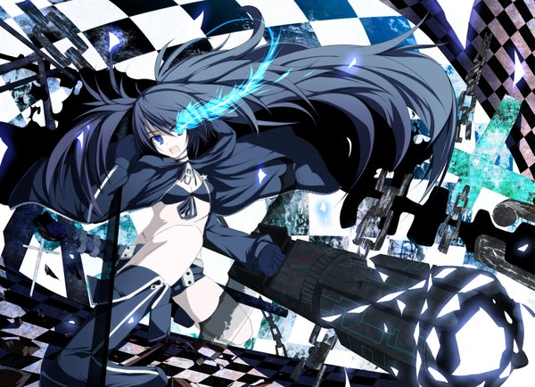 Anime picture 3501x2536 with black rock shooter black rock shooter (character) sukage long hair highres open mouth blue eyes black hair twintails glowing glowing eye (eyes) girl weapon sword boots katana gun chain bikini top