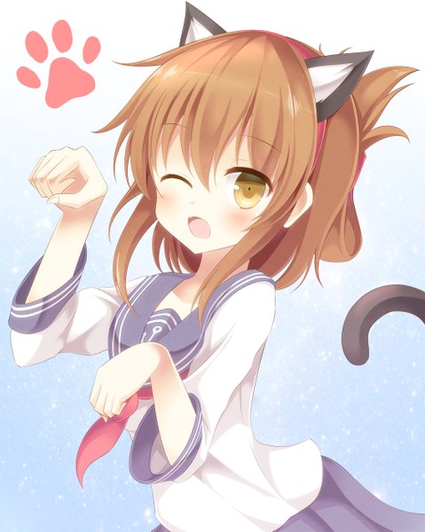 Anime picture 1018x1275 with kantai collection inazuma destroyer aibumi single tall image blush short hair open mouth brown hair animal ears yellow eyes tail animal tail one eye closed wink cat ears cat girl cat tail fake animal ears girl