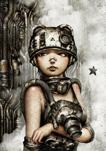 Anime picture 849x1200 with original shichigoro single tall image blush short hair bare shoulders animal ears looking away parted lips grey hair black eyes grey background mouse ears bandaid on nose post-apocalyptic cyberpunk girl star (symbol) bandaid