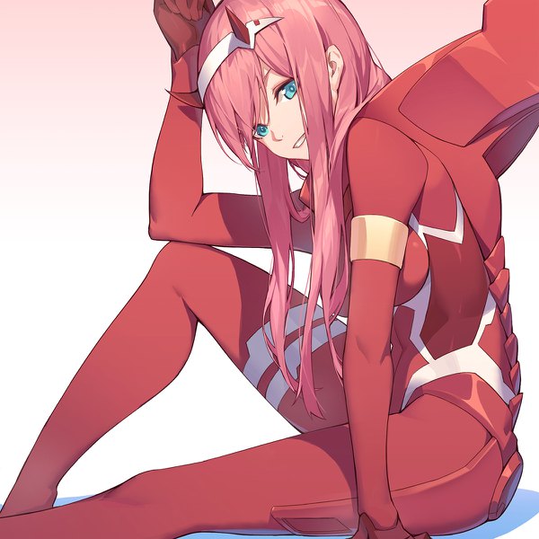 Anime-Bild 1200x1200 mit darling in the franxx studio trigger zero two (darling in the franxx) nian (zhanian) single long hair looking at viewer blush fringe breasts blue eyes simple background smile sitting payot pink hair parted lips arm support grin gradient background