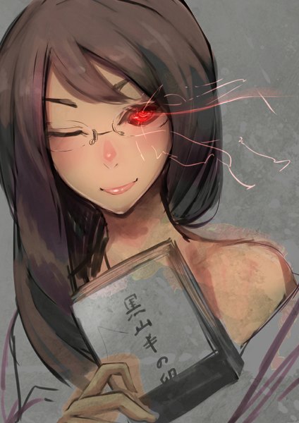 Anime picture 800x1131 with tokyo ghoul studio pierrot kamishiro rize kinobori0322 single long hair tall image fringe simple background holding purple hair off shoulder grey background glowing eyebrows glowing eye (eyes) licking girl tongue book (books)