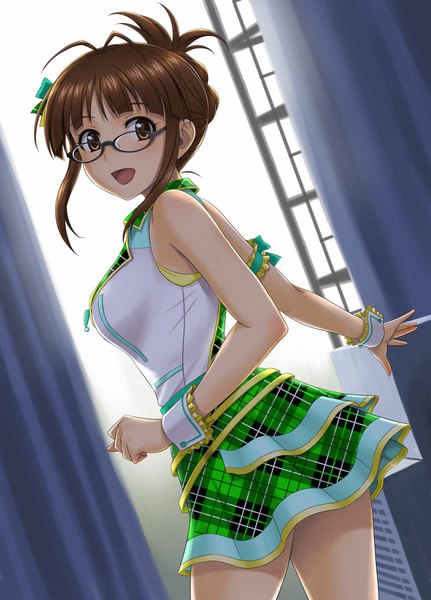 Anime picture 791x1100 with idolmaster idolmaster (classic) akizuki ritsuko hida tatsuo single tall image looking at viewer blush short hair open mouth brown hair bare shoulders brown eyes check my note girl dress glasses