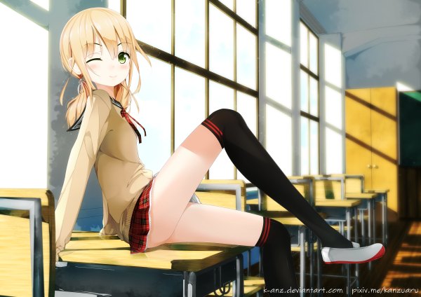 Anime picture 1200x848 with original kanz single long hair looking at viewer fringe light erotic blonde hair smile sitting twintails green eyes bent knee (knees) indoors one eye closed wink arm support low twintails eyebrows classroom