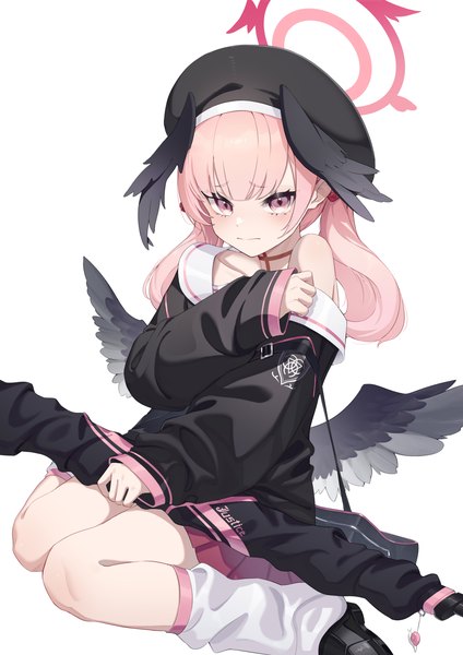Anime-Bild 2480x3508 mit blue archive koharu (blue archive) toga (toganawa) single long hair tall image looking at viewer fringe highres sitting twintails pink hair long sleeves pink eyes off shoulder wariza sleeves past wrists black wings head wings girl