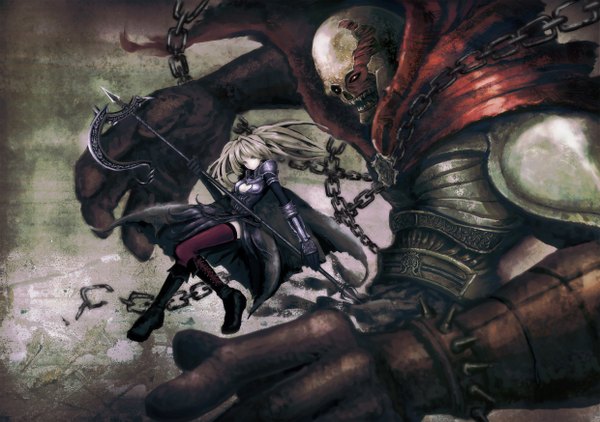 Anime picture 2480x1748 with original wacchi30 long hair highres blonde hair twintails girl thighhighs gloves armor chain skull monster spear