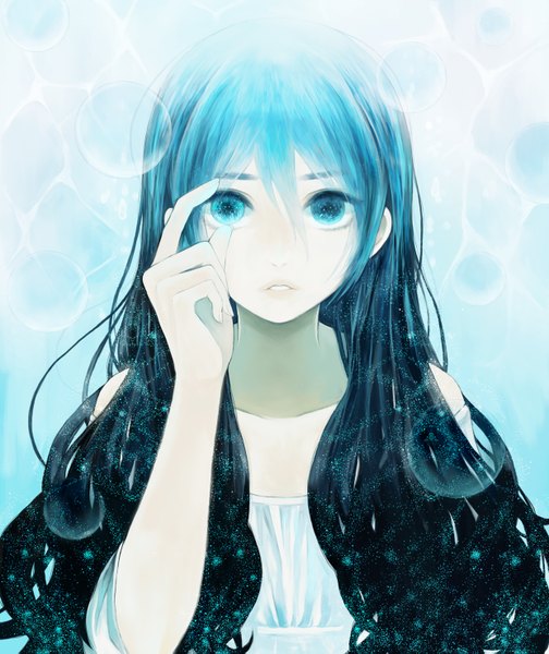 Anime picture 1240x1477 with original yumi (tuzisaka) single long hair tall image looking at viewer fringe lips aqua hair pale skin girl bubble (bubbles)