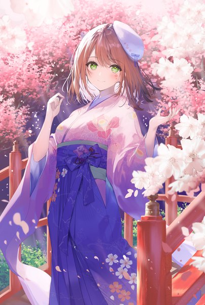 Anime picture 1200x1780 with original necomi (gussan) single tall image looking at viewer blush fringe short hair smile standing brown eyes green eyes outdoors traditional clothes japanese clothes wind wide sleeves cherry blossoms facial mark floral print