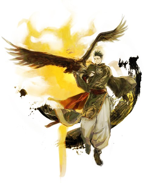 Anime picture 1782x2118 with sengoku basara production i.g tokugawa ieyasu tall image highres short hair black hair simple background smile white background yellow eyes traditional clothes boy gloves animal bird (birds)