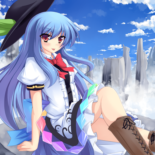 Anime picture 1200x1200 with touhou hinanawi tenshi kazami chiu long hair red eyes blue hair cloud (clouds) :p girl bow hat boots tongue