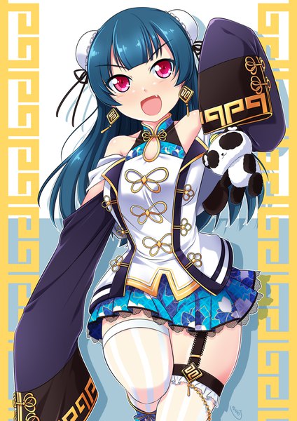 Anime picture 1414x2000 with love live! sunshine!! sunrise (studio) love live! tsushima yoshiko bunji single long hair tall image looking at viewer blush fringe breasts open mouth smile standing bare shoulders payot blue hair bent knee (knees) blunt bangs