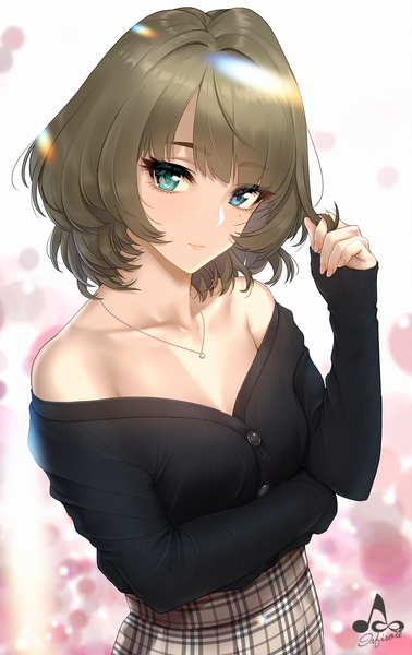 Anime picture 1008x1600 with idolmaster idolmaster cinderella girls takagaki kaede infinote single tall image looking at viewer blush fringe short hair breasts blue eyes simple background brown hair standing bare shoulders green eyes signed cleavage upper body