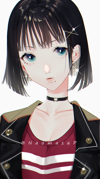 Anime picture 1096x1957 with original naomasap single tall image looking at viewer fringe short hair blue eyes black hair simple background white background signed upper body blunt bangs mole open jacket twitter username mole under mouth girl hair ornament