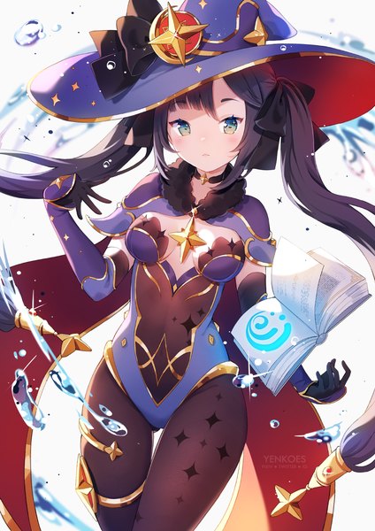 Anime picture 1100x1558 with genshin impact mona megistus yenkoes single long hair tall image looking at viewer blue eyes light erotic black hair twintails signed cleavage shaded face girl gloves hat black gloves water book (books)