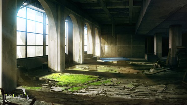 Anime picture 1280x720 with re:lief ebisutaro wide image sunlight inscription copyright name no people sunbeam broken abandoned window couch pillar column