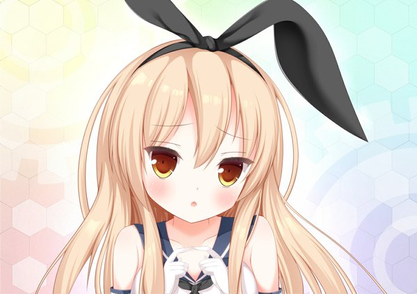 Anime picture 1188x840 with kantai collection shimakaze destroyer gtgtqt single long hair looking at viewer blush open mouth blonde hair bare shoulders brown eyes girl gloves bow hair bow elbow gloves