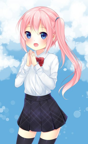 Anime picture 945x1541 with original nami (nyaa) single tall image looking at viewer short hair open mouth blue eyes standing payot pink hair pleated skirt loli zettai ryouiki side ponytail hands clasped girl thighhighs skirt black thighhighs