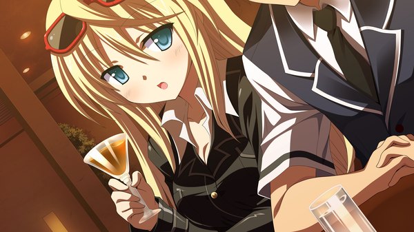Anime picture 2048x1152 with namima no kuni no faust long hair blush highres open mouth blue eyes blonde hair wide image game cg girl sunglasses