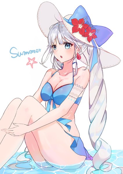 Anime picture 1308x1850 with fate (series) fate/grand order marie antoinette (fate/grand order) marie antoinette (swimsuit caster) (fate) wwwjp0000 single tall image blush fringe breasts open mouth blue eyes light erotic simple background white background sitting twintails bare shoulders looking away cleavage