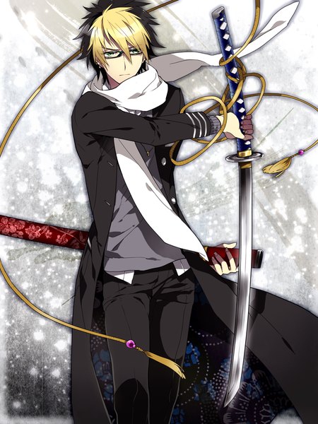 Anime picture 900x1200 with original kai28 single tall image short hair green eyes multicolored hair wind two-tone hair boy weapon sword glasses scarf katana