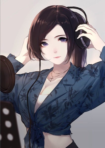Anime picture 625x882 with original caidychen single long hair tall image looking at viewer breasts black hair simple background purple eyes cleavage upper body ponytail lips grey background midriff floral print front-tie top girl shirt