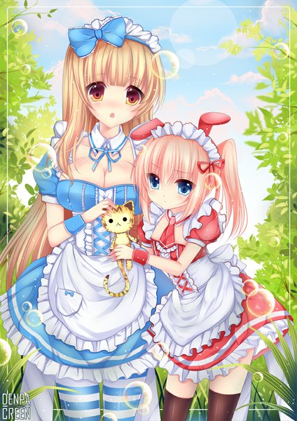 Anime picture 707x1000 with alice in wonderland alice (wonderland) usagihime long hair tall image blue eyes blonde hair twintails multiple girls animal ears yellow eyes bunny ears girl thighhighs dress bow black thighhighs 2 girls hair bow headdress