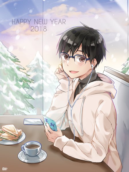 Anime picture 1800x2400 with yuri!!! on ice mappa katsuki yuuri big cat shan single tall image looking at viewer highres short hair open mouth black hair brown eyes signed sky indoors snowing winter snow new year chin rest