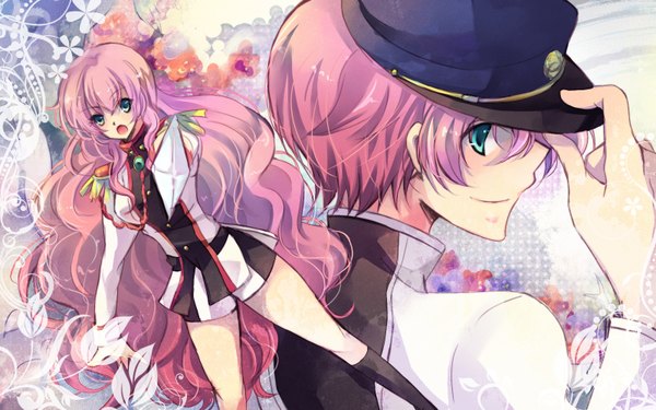 Anime picture 1600x1001 with revolutionary girl utena j.c. staff tenjou utena long hair short hair wide image pink hair profile aqua eyes girl uniform flower (flowers) sword flat cap