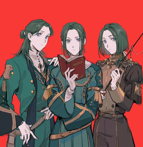 Anime picture 2016x2080 with fire emblem fire emblem: three houses fire emblem warriors: three hopes nintendo linhardt von hevring mimulishizi long hair tall image highres short hair blue eyes simple background standing holding looking away long sleeves green hair wide sleeves multiple boys hair bun (hair buns)