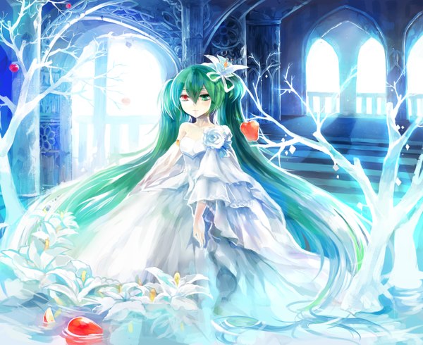 Anime picture 5350x4377 with vocaloid hatsune miku nevakuma (fanfanas) single long hair highres twintails absurdres aqua hair heterochromia girl dress hair ornament flower (flowers) water apple