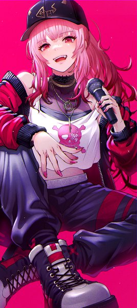 Anime picture 800x1793 with virtual youtuber hololive hololive english mori calliope mori calliope (streetwear) hisahisahisahisa single long hair tall image looking at viewer fringe open mouth simple background smile red eyes sitting bare shoulders holding payot pink hair