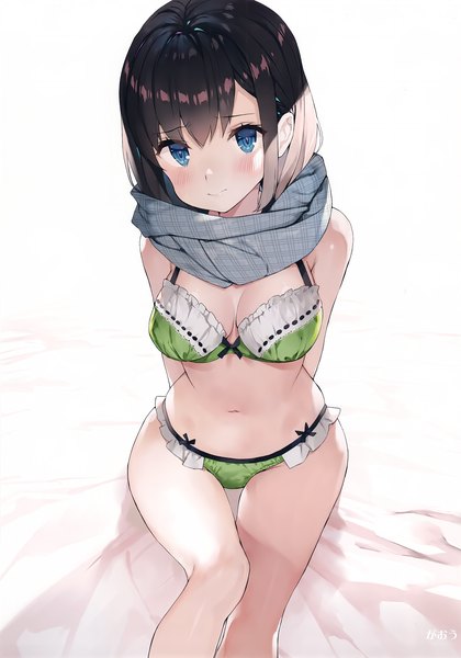 Anime picture 2105x3010 with melonbooks gaou (umaiyo puyoman) single tall image looking at viewer blush fringe highres short hair breasts blue eyes light erotic simple background smile hair between eyes brown hair white background signed payot cleavage