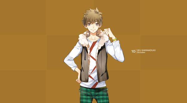 Anime picture 1282x706 with tsukiuta kannaduki iku tagme (artist) single looking at viewer short hair simple background smile brown hair wide image brown eyes official art character names plaid brown background boy fur vest clock fist