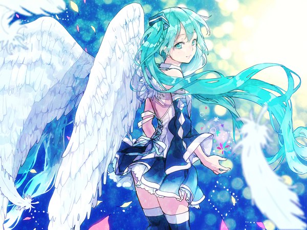 Anime picture 4608x3456 with vocaloid hatsune miku pomu (joynet) single long hair looking at viewer fringe highres light erotic standing twintails absurdres aqua eyes light smile wind blurry aqua hair wide sleeves turning head angel wings
