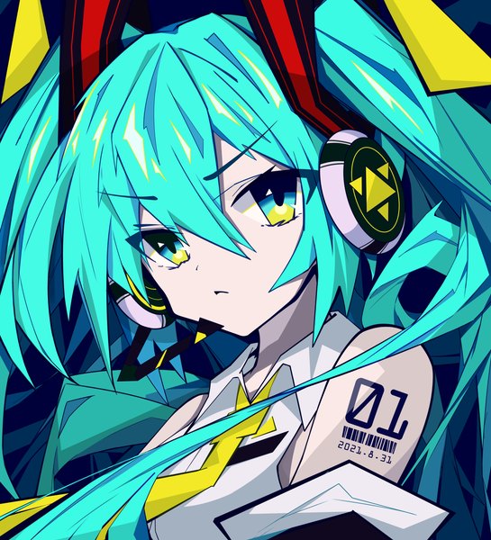 Anime picture 4000x4400 with vocaloid hatsune miku mutsu aya single long hair tall image looking at viewer fringe highres hair between eyes twintails absurdres upper body aqua hair dated multicolored eyes girl headphones headset barcode