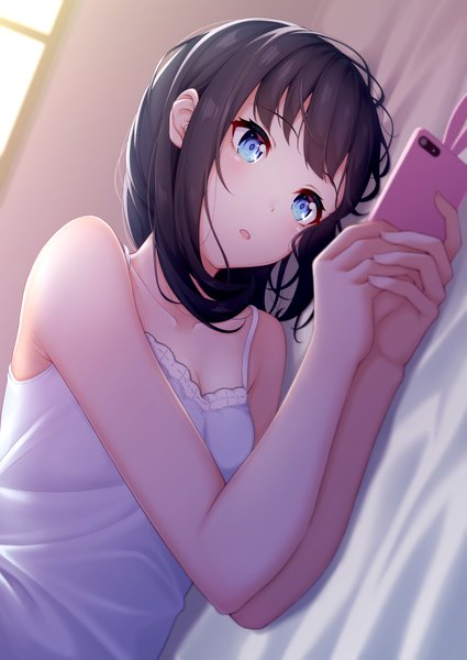 Anime picture 2508x3541 with original ochiai miyabi single long hair tall image blush fringe highres breasts open mouth blue eyes black hair bare shoulders holding cleavage upper body indoors lying fingernails sunlight