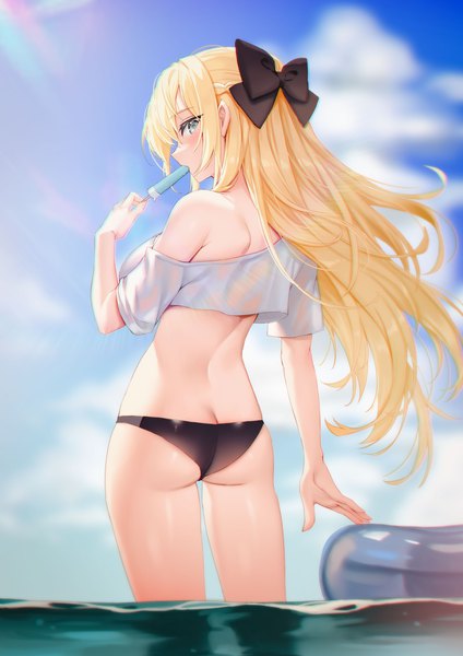 Anime picture 2480x3508 with original picter single long hair tall image looking at viewer blush fringe highres breasts light erotic blonde hair hair between eyes large breasts standing holding sky cloud (clouds) outdoors ass