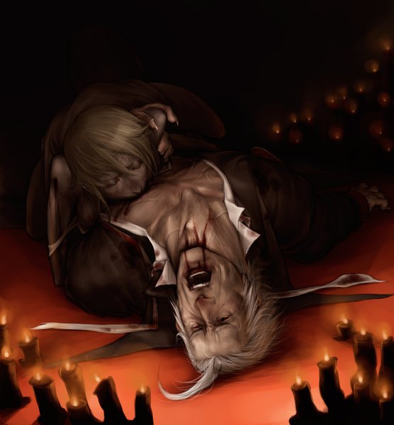 Anime picture 1186x1280 with original algorithmus tall image open mouth blonde hair white hair lying eyes closed grey hair realistic open clothes open shirt vampire screaming horror murder blood candle (candles)