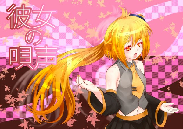 Anime picture 1440x1019 with vocaloid akita neru magu (artist) single long hair open mouth blonde hair bare shoulders ahoge ponytail orange eyes girl skirt navel detached sleeves miniskirt necktie leaf (leaves)