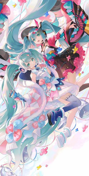 Anime picture 1000x1959 with vocaloid magical mirai (vocaloid) hatsune miku magical mirai miku magical mirai miku (2020 summer) magical mirai miku (2020 winter) ouu min tall image looking at viewer open mouth twintails multiple girls very long hair :d aqua eyes aqua hair dual persona girl thighhighs gloves