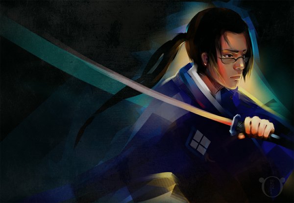 Anime picture 1100x761 with samurai champloo jinnosuke sheer-madness single long hair brown hair ponytail tail traditional clothes realistic boy weapon sword glasses katana