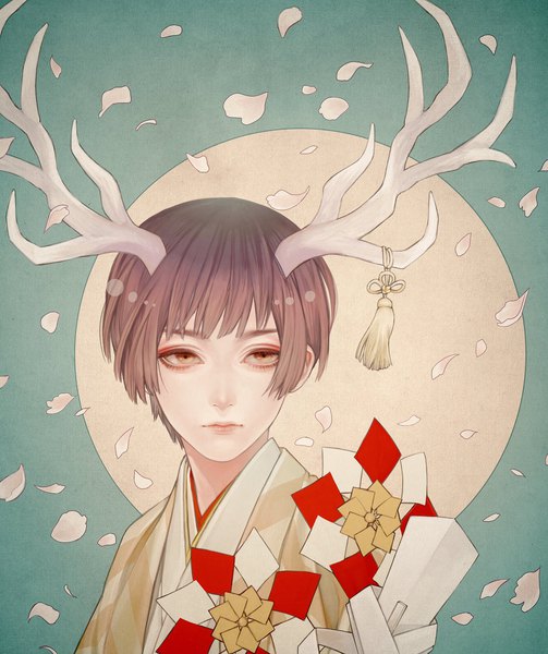 Anime picture 1718x2048 with axis powers hetalia studio deen japan (hetalia) fioletovyy single tall image fringe highres short hair simple background brown hair brown eyes looking away upper body traditional clothes japanese clothes horn (horns) portrait aqua background antlers