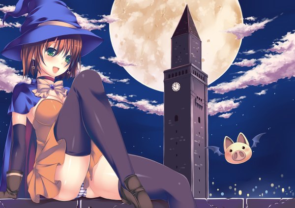 Anime picture 1254x885 with magical halloween alice wishheart iroha (unyun) single blush short hair open mouth light erotic brown hair green eyes cloud (clouds) night pantyshot witch girl thighhighs black thighhighs earrings moon witch hat