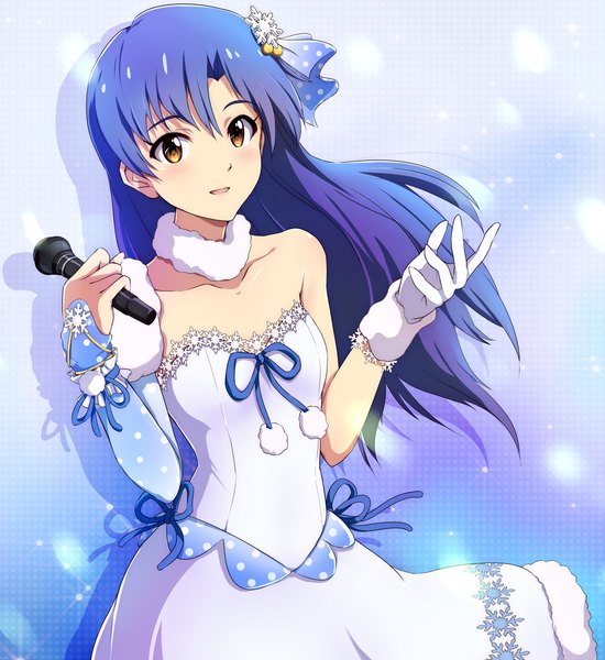 Anime picture 1100x1200 with idolmaster kisaragi chihaya hina (araburu-hinadori) single long hair tall image looking at viewer open mouth bare shoulders brown eyes blue hair snowflake liliput girl dress gloves hair ornament microphone snowflake hair ornament