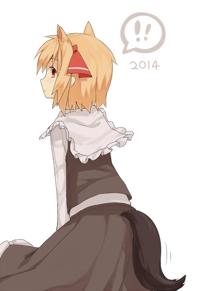 Anime picture 1181x1670 with touhou rumia sh (562835932) single tall image looking at viewer short hair simple background blonde hair red eyes white background animal ears tail long sleeves animal tail looking back from behind cat ears cat tail !
