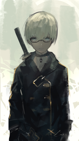 Anime picture 1080x1920 with nier nier:automata yorha no. 9 type s tarbo (exxxpiation) single tall image looking at viewer fringe short hair hair between eyes upper body white hair grey eyes expressionless boy gloves weapon sword choker black gloves