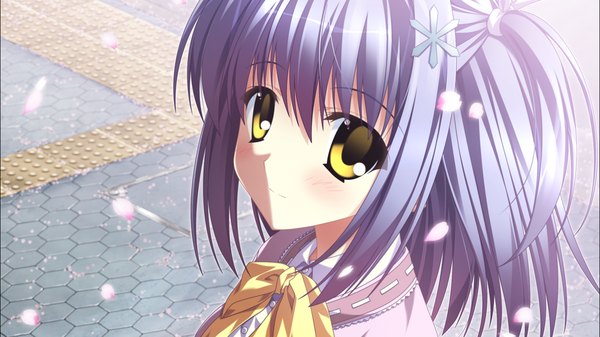 Anime picture 1278x718 with supipara nanao naru short hair wide image yellow eyes blue hair game cg girl petals