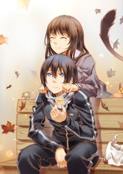 Anime picture 1700x2404 with noragami studio bones yato (noragami) iki hiyori cheese kang long hair tall image fringe short hair black hair smile brown hair sitting holding tail eyes closed shadow leaning leaning forward looking up